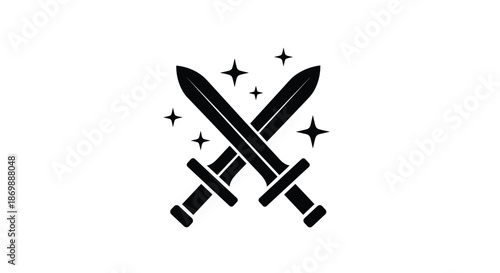 Black icon of two crossed swords with sparkling stars, representing battle, victory, fantasy adventure, or historical themes.