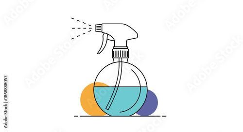 Simple line art illustration of a spray bottle with blue liquid, ideal for cleaning services and garden care icons or logos.