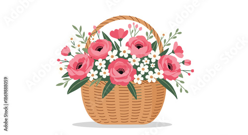 Beautiful wicker basket filled with an abundance of pink and white flowers and green foliage, representing a fresh floral gift.