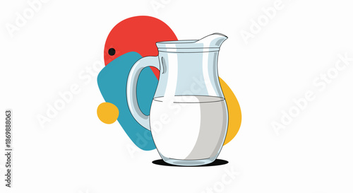 Clear glass pitcher filled with fresh white milk set against a colorful abstract background of red, blue, and yellow shapes.
