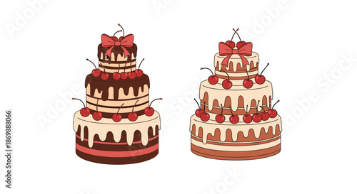 Set of two three-tiered gourmet cakes in chocolate and vanilla flavors decorated with red cherries and festive bows.