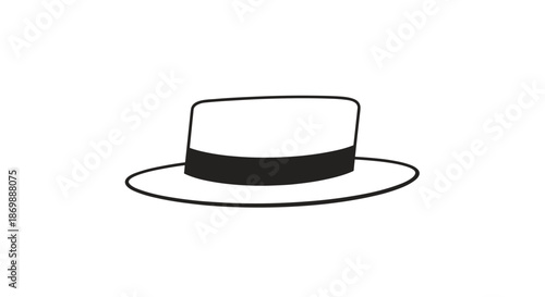 Classic black and white line art illustration of a fedora or boater style hat with a dark band on a clean white background.
