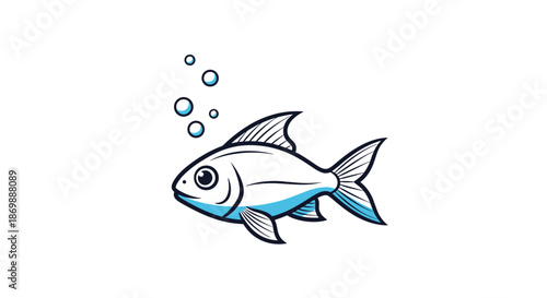 Illustration of a silver fish swimming gracefully under the water with blue accents and air bubbles rising upwards.