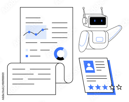 Robot analyzing documents with graphs, charts, and resumes. Ideal for technology, AI, automation, data analytics, HR, recruitment efficiency simple flat metaphor