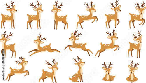 Cute Deer Character Set with Multiple Poses Running Jumping Sitting Cartoon Forest Animal Vector Illustration