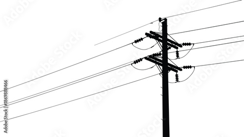 Electric utility power pole vector illustration with multiple overhead transmission lines isolated on white background industrial electricity infrastructure silhouette