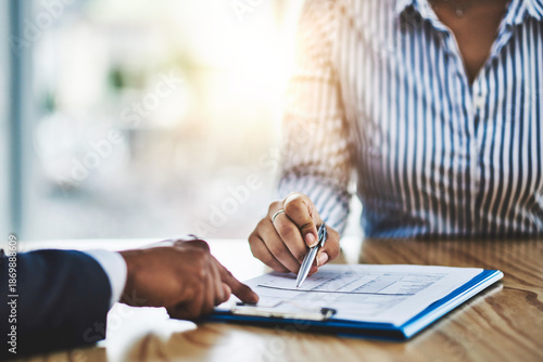 Photography People, sign and hands with document, desk or agreement for business deal or collaboration in office