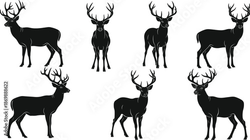 Black Stag Deer Silhouette Set with Antlers in Different Poses Wildlife Vector Illustration Collection