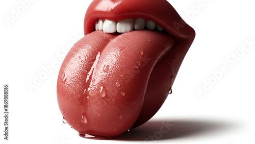 Close up of red lips with tongue out and water droplets on isolated white