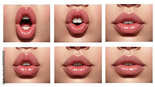 Six different expressions of pink glossy lips on a woman's face in a collage