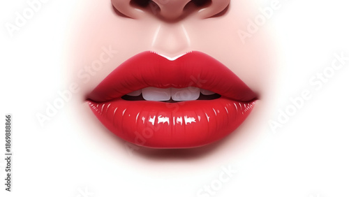 Beautiful woman with red lipstick and glossy lips smiling slightly