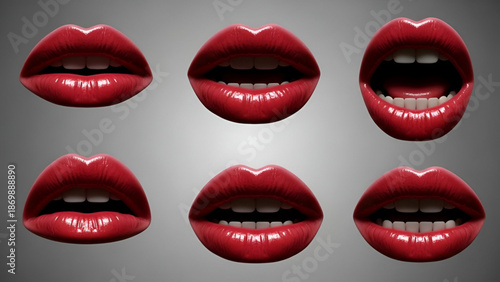Set of red lips with various expressions on gray background
