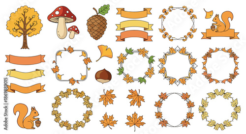 Set of autumn themed elements including colorful leaves, mushrooms, acorns, squirrels, and decorative ribbons for fall design art.