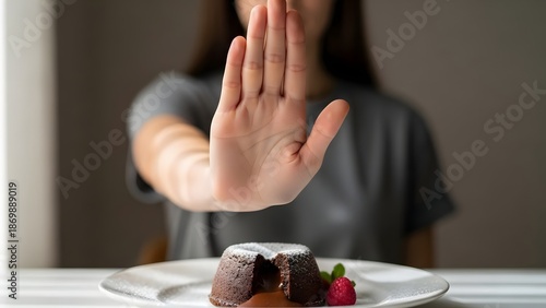 Female Hand Stop Gesture Refusing Dessert Plate Healthy Choices Concept