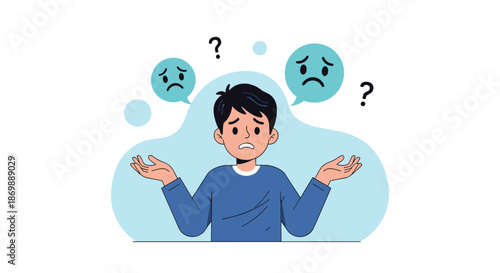 Young boy looking confused and shrugging his shoulders with question marks and sad faces appearing in speech bubbles around him.