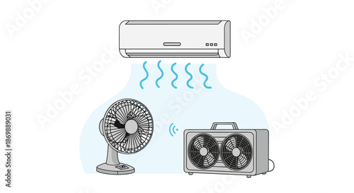 Group of cooling appliances including a wall-mounted air conditioner and portable electric fans for household temperature control.