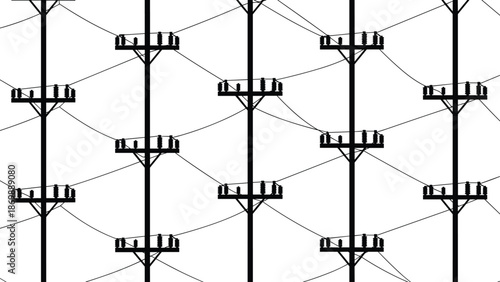 Seamless repeating electric utility power pole silhouette vector illustration with overhead lines industrial energy infrastructure pattern isolated black design