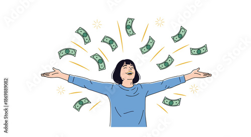 Happy woman celebrating financial success with arms outstretched while dollar bills fall around her from the sky like money rain.