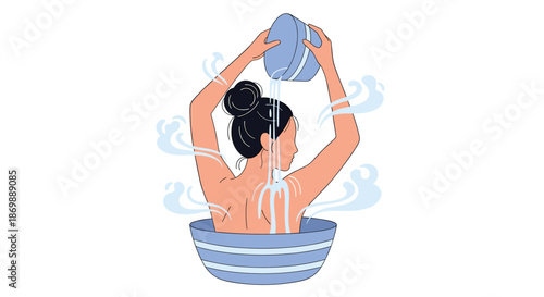 Young woman taking a traditional bath by pouring warm water over her back while sitting in a large striped basin in a simple room.