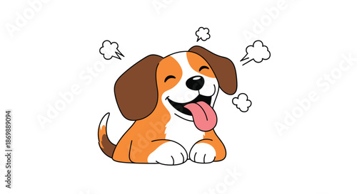 Cheerful cartoon beagle puppy sitting and panting happily with its tongue out and small puffs of air around its head.