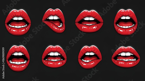 Vibrant red lips in various expressions on black background for design