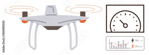 Aerial surveillance, data monitoring, technology trends, speed analysis, robotics, delivery solutions. A quadcopter with speedometer and data charts. Aerial surveillance and data monitoring concept