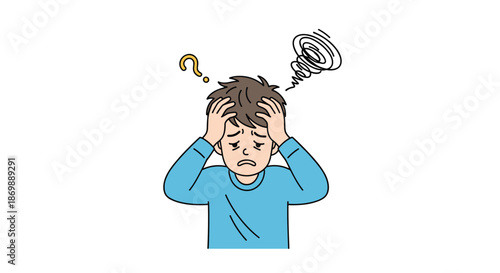 Young man in a blue shirt looking stressed and tired while holding his head with a question mark and a dark swirl above.