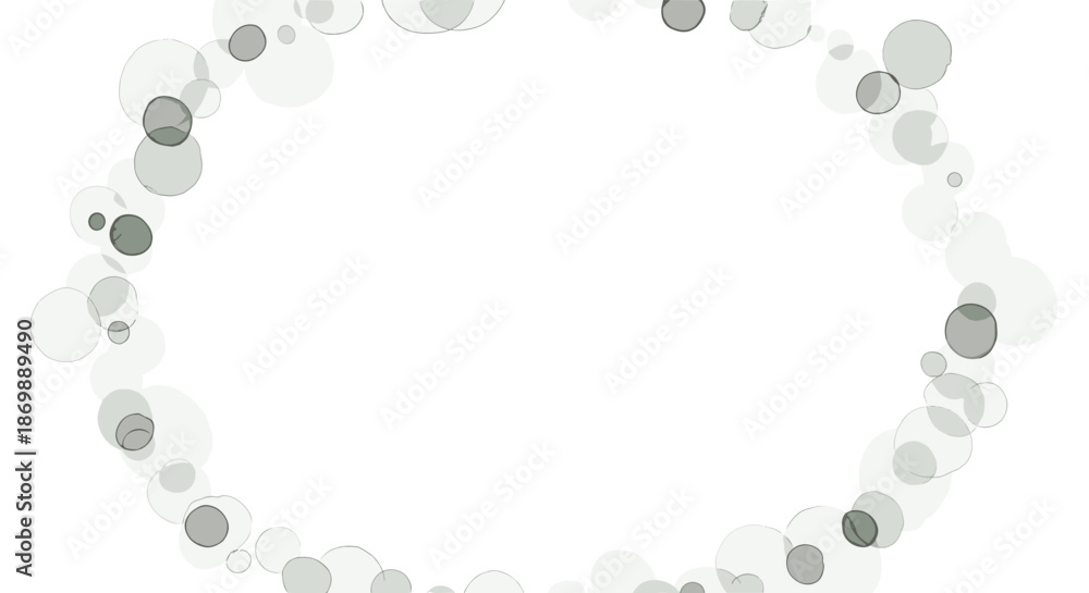 Fototapeta premium Circular frame composed of various sizes and shades of gray and white overlapping translucent circles and dots on a white background.