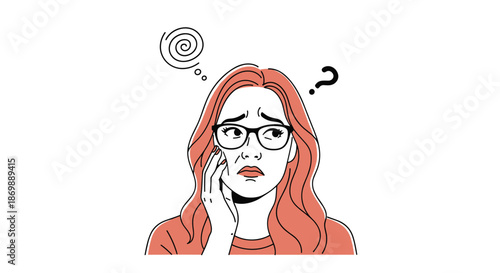 Confused young woman with long red hair and black glasses looking away with a question mark and a dark swirl above her head.