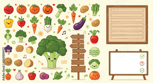 Large collection of adorable vegetable characters with faces including broccoli, carrots, tomatoes, and wooden signs and checkboards.