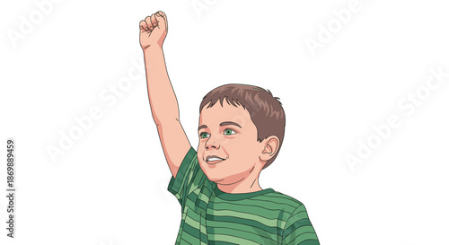 Young boy with short brown hair and a green striped shirt looking up with a determined expression and a raised fist.
