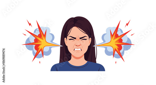Furious young woman with long dark hair closing her eyes and gritting her teeth with explosive clouds coming from her ears.