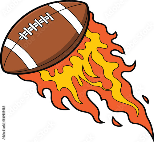 American Football Ball Flying With Intense Orange Flames Trail Isolated On White For Sports Branding.