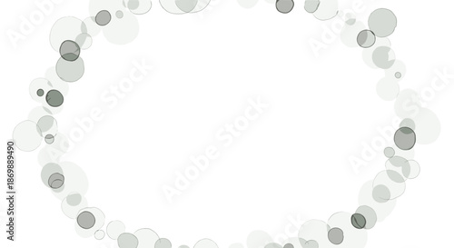 Circular frame composed of various sizes and shades of gray and white overlapping translucent circles and dots on a white background.