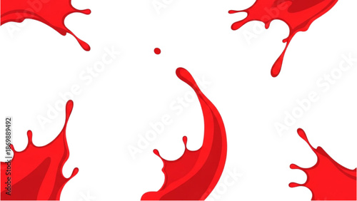 Red paint splatters on a white background from various viewpoints