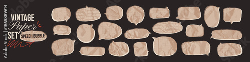Vintage comic speech bubbles with newspaper crumpled paper texture. Beige retro irregular halftone stickers with chalk dotted lined, grid patterns. Empty dialog balloon text boxes for emphasis text.