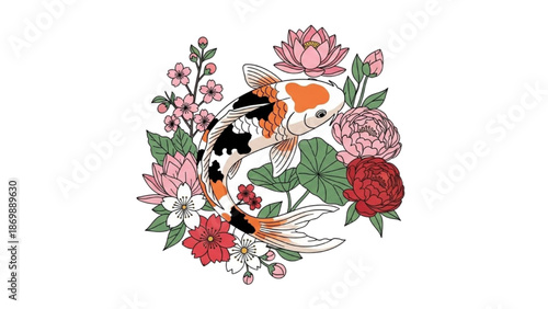 Two koi fish swimming among vibrant flowers and lush foliage in a serene aquatic scene