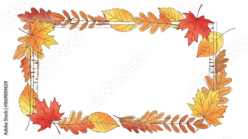 A vibrant autumnal leaf frame on a white background viewed from directly above