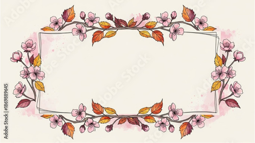 Floral frame with pink flowers and leaves illustration on white background