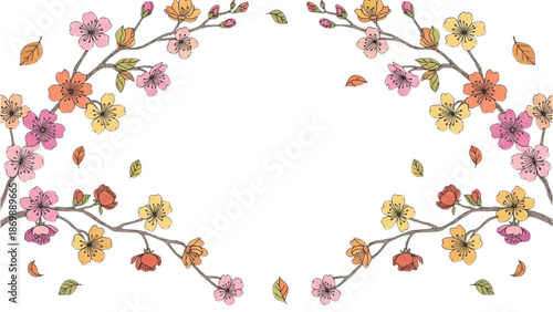 A circular floral wreath with branches and flowers on a white background viewed from directly above