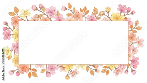 A serene floral border of soft pastel flowers and leaves framing a blank space