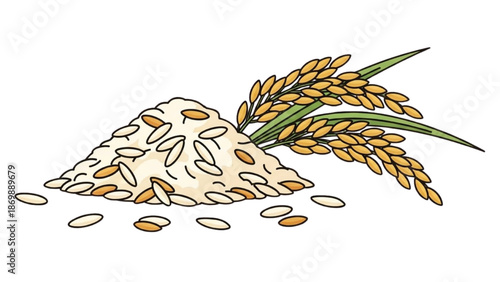 A pile of rice grains and stalks on a white background