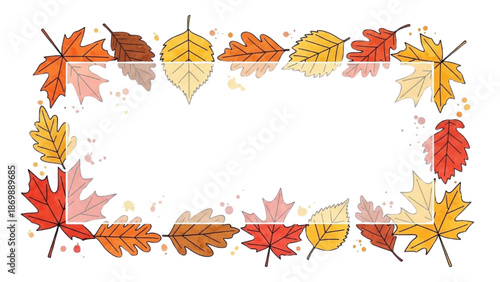Vibrant autumn leaves arranged in a decorative border around a blank space on a white background