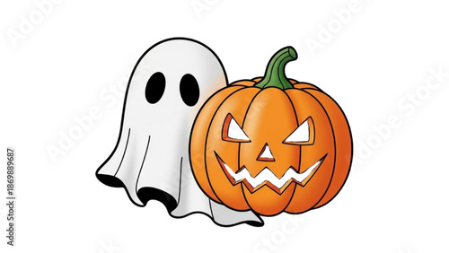 A ghostly figure standing beside a carved pumpkin on a white background