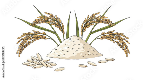 A heap of rice surrounded by rice plants and grains in an illustrated scene