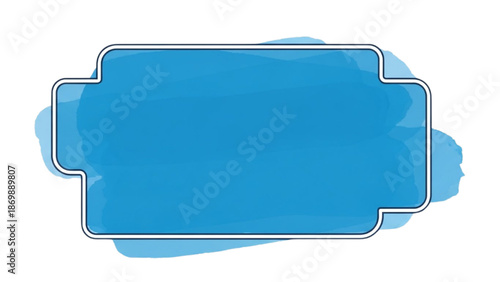 A blue graphic illustration with a rectangular shape and abstract background on a white surface viewed from directly above