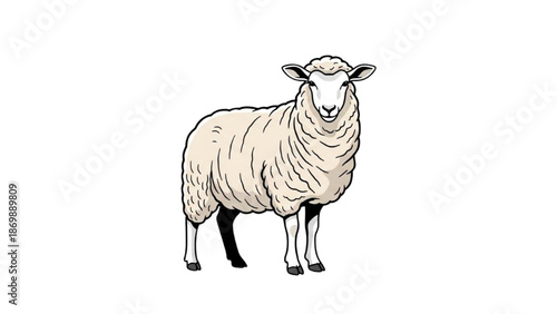 A serene sheep stands calmly in a peaceful landscape, captured from a front viewpoint.