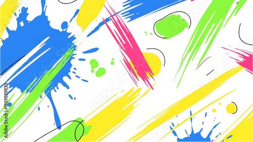 Vibrant Paint Splatters on a White Background from a Direct Viewpoint