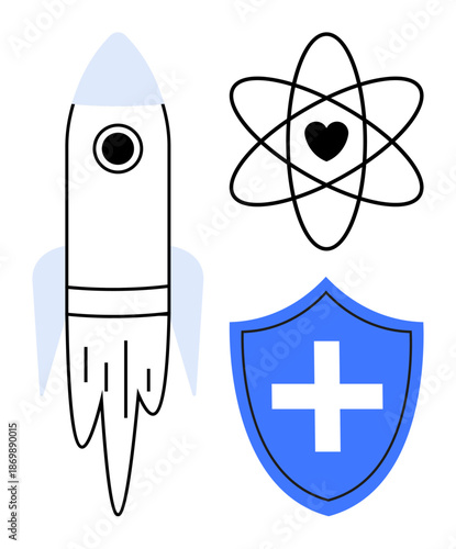 Space exploration, science, healthcare, innovation, protection, future technology. Rocket, atom with heart and shield with a cross. s science and healthcare