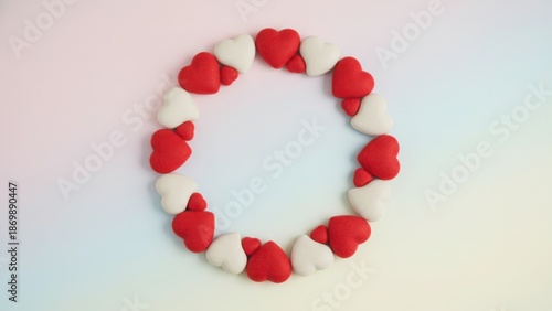 Red and White Heart Shaped Candies Arranged in a Circle on White Background